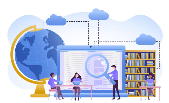 People using laptops with digital library, cloud storage, and global connectivity.