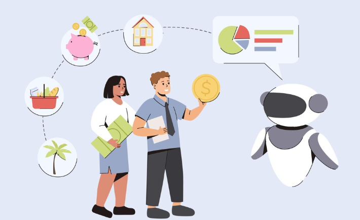 Two people discussing finance with robot assistant showing data visualization.