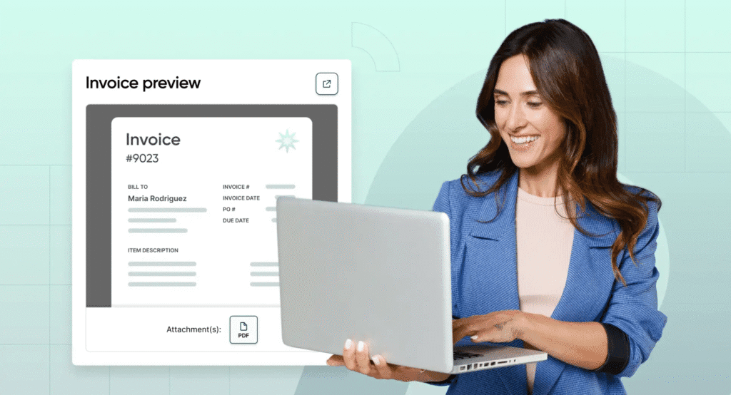 Happy woman holding laptop with digital invoice preview displayed beside.