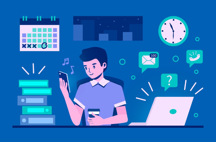 Illustration of man multitasking with phone, laptop, emails, and deadlines and AI Scheduling Assistants.