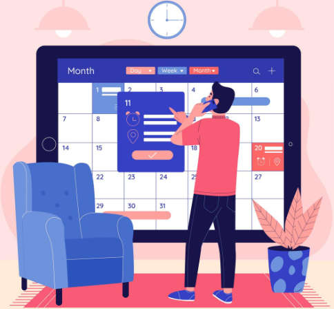 Person scheduling events on large digital calendar while talking on phone.
