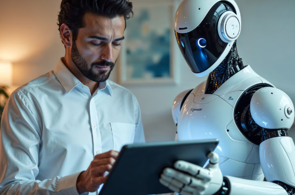 Man collaborating with humanoid robot while reviewing tablet screen information.