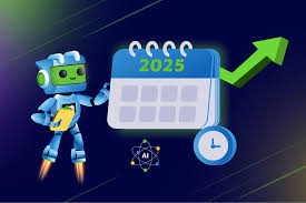 Cartoon robot presenting 2025 calendar with upward growth arrow and clock.