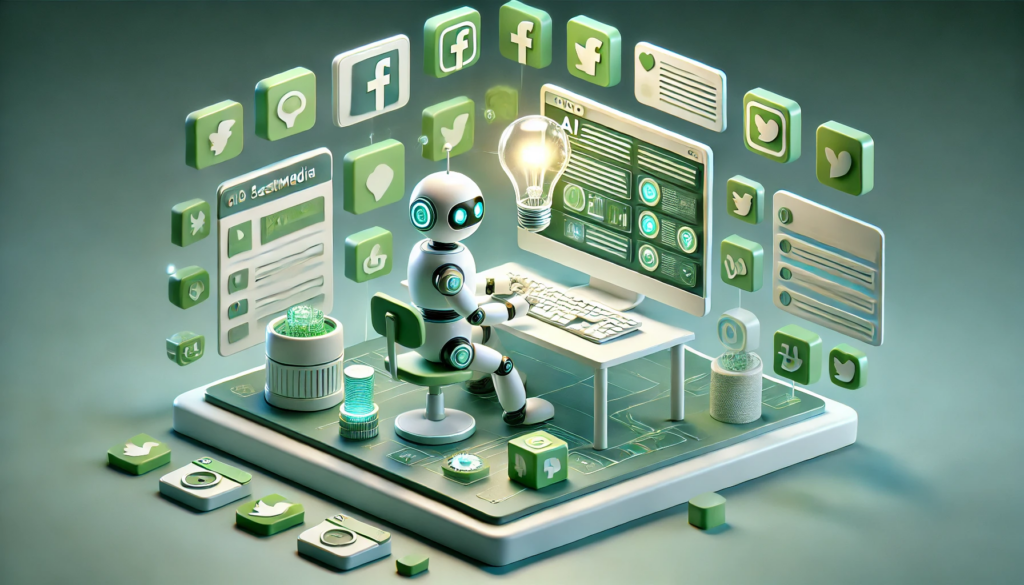 Robot managing social media icons with glowing computer screen and light bulb and doing Automate Your Social Media with AI.