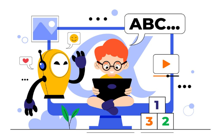Child learning with digital tablet while friendly robot assists in education.