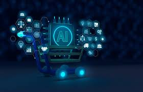 AI technology shopping cart surrounded by futuristic digital service icons.