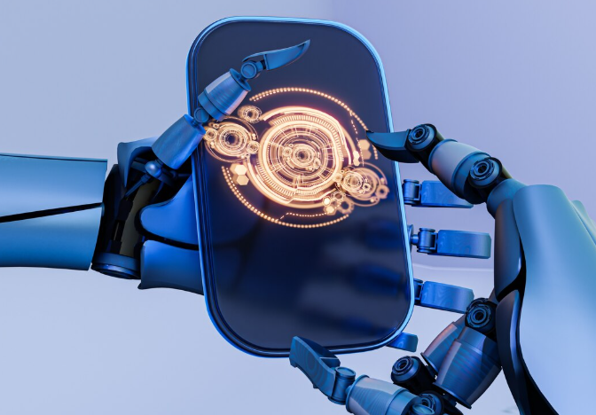 Robotic hands holding futuristic tablet with glowing mechanical gear hologram and doing