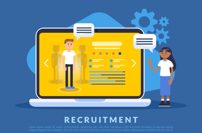 Illustration of online recruitment platform showing candidate profile on laptop and AI-Driven Resume Screening and Hiring.