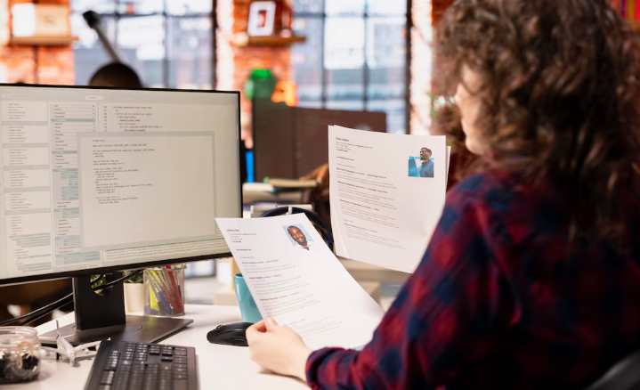 Recruiter reviewing printed resumes beside computer with candidate details displayed.