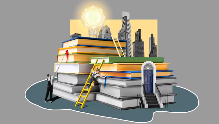 Creative collage of books, ladders, and cityscape symbolizing career growth.