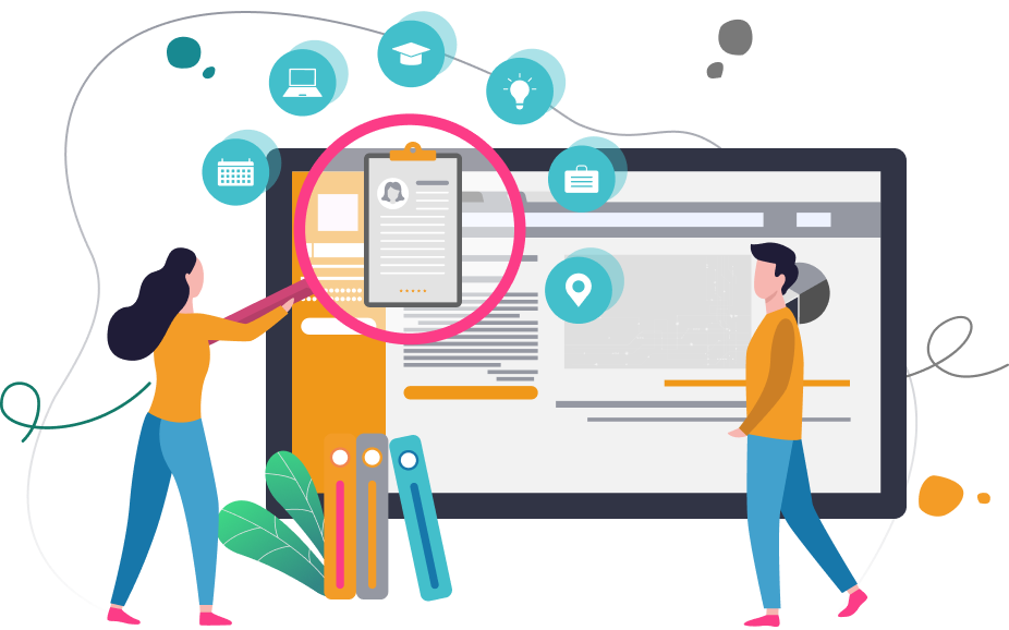 Illustration of recruiters analyzing candidate resume on large computer screen and AI Interview Scheduling Assistants.