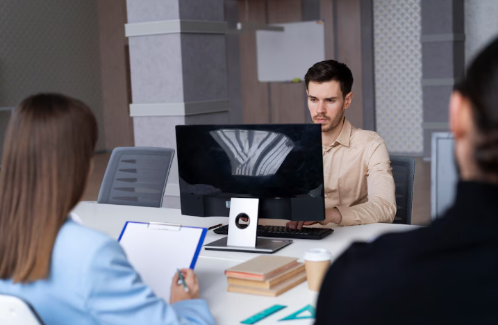 Job interview with candidate facing recruiters across desk and computer.