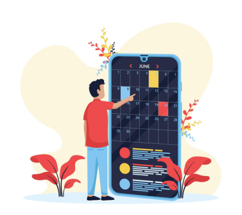 Man checking dates on giant digital calendar displayed on smartphone.