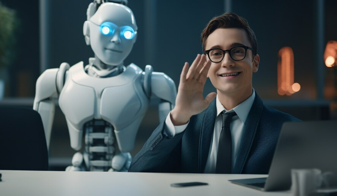 Smiling businessman waving beside futuristic humanoid robot in office.