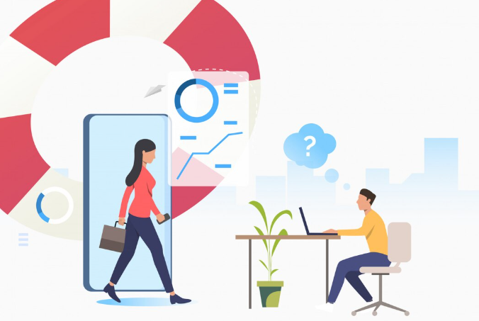 Illustration of employee seeking workplace support and guidance through technology.