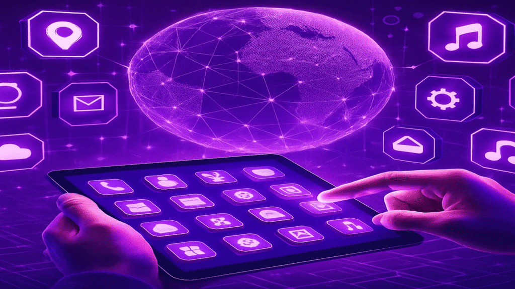 Hands using tablet with glowing futuristic apps and connected digital globe Automate Your Reports with AI.