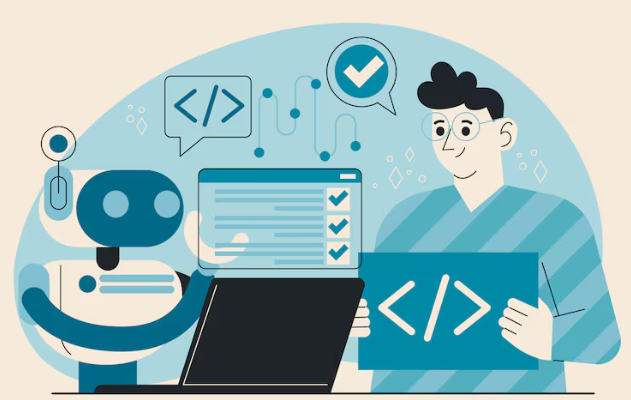 Robot assisting person in coding tasks on laptop with checkmarks.