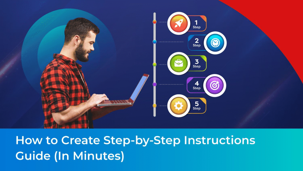 Man using laptop beside colorful five-step infographic process timeline.