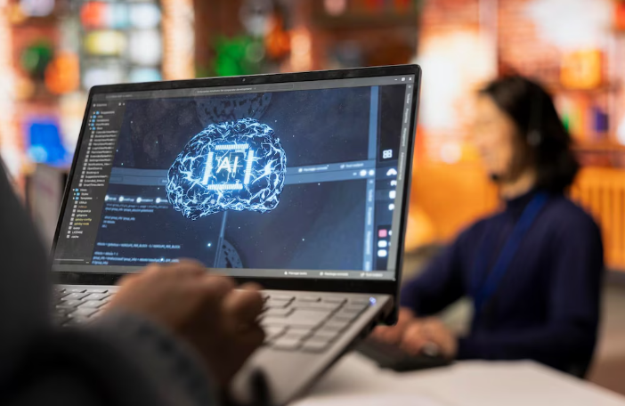 Laptop displaying neural network visualization.