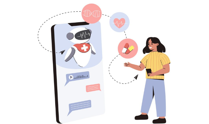 A professional works alongside a humanoid robot, symbolizing human-AI collaboration and  AI Patient Chatbots.