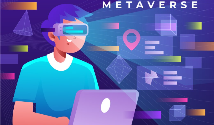 Cartoon person with VR headset exploring the Metaverse.