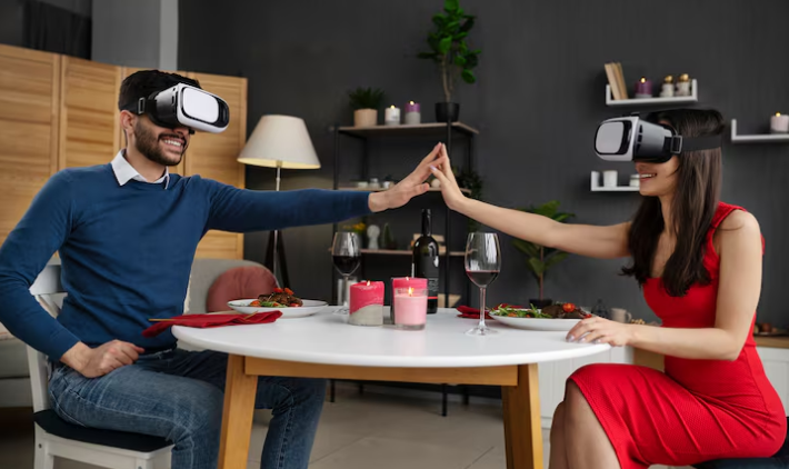 Couple on a VR headset date at the dinner table.