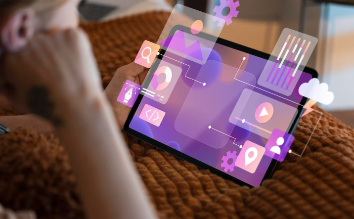 Person using a tablet with AR holographic icons.