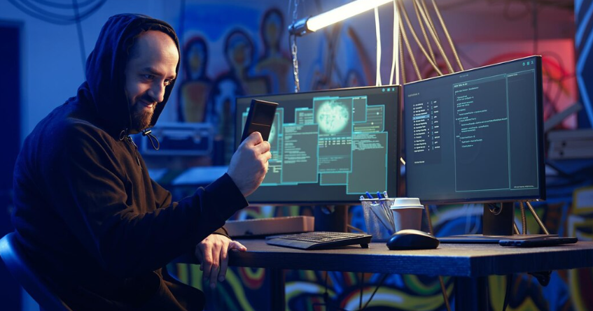 Hacker celebrates successful breach with multiple screens.