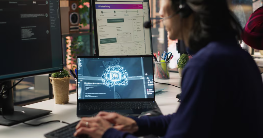 IT specialist monitors AI system on laptop at workplace.