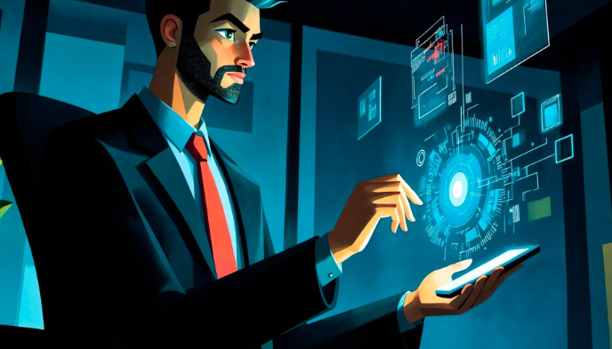 Businessman using futuristic digital interface on tablet.