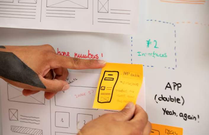Hand pointing at sticky note design