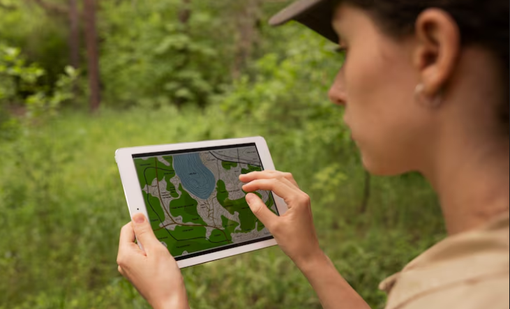 A person using a tablet with a digital map in the forest.