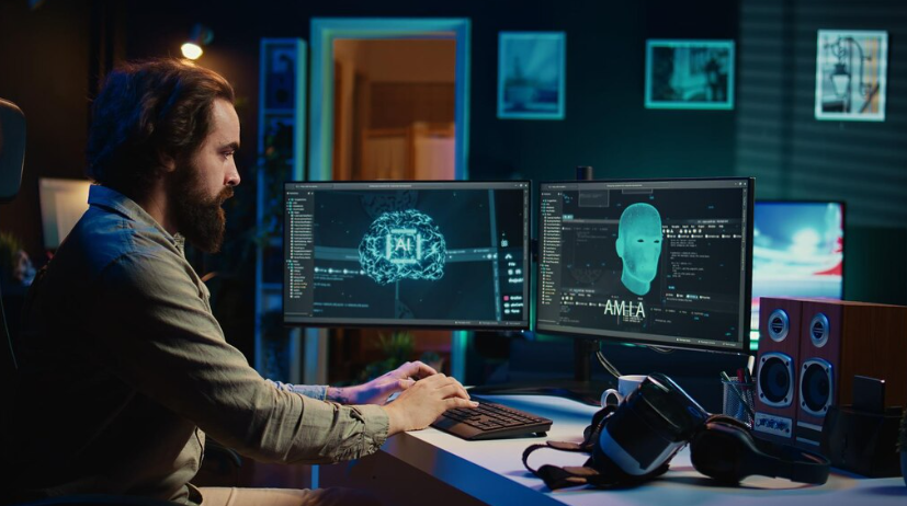 Engineer working on advanced AI interface at night.