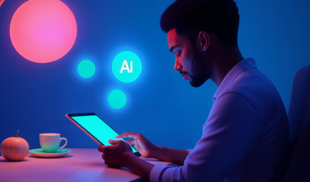 Man using a tablet with glowing AI icons.