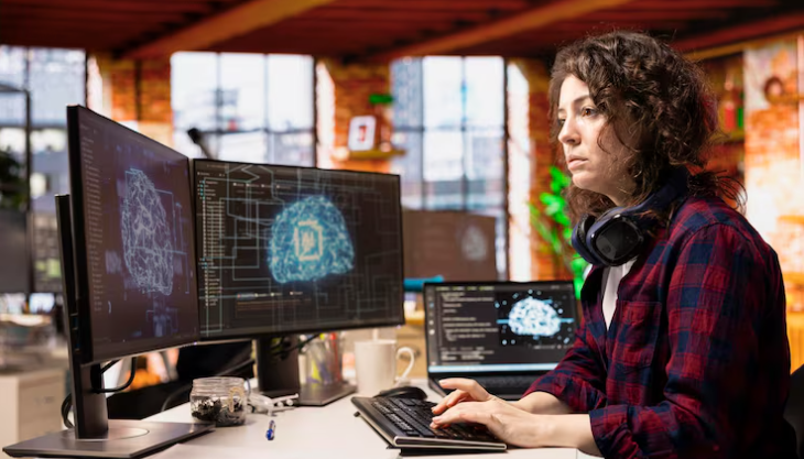 Woman coding with multiple monitors showing AI graphics.