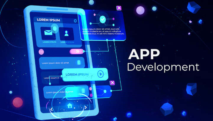 App development concept with futuristic mobile UI.