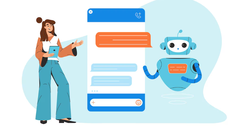 Woman interacting with a chatbot robot on a mobile app.