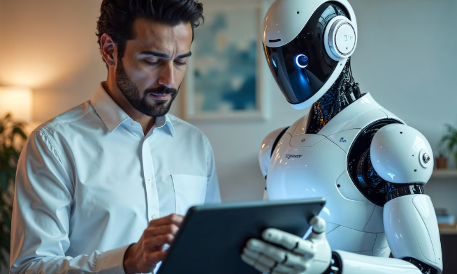 Man using a tablet alongside a humanoid robot.