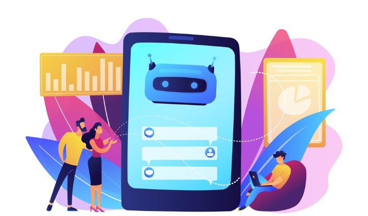 People engaging with a large chatbot interface on a screen.
