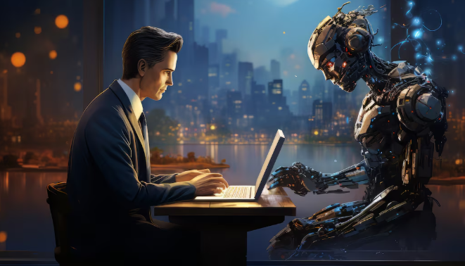 Man and futuristic robot working together on laptops.