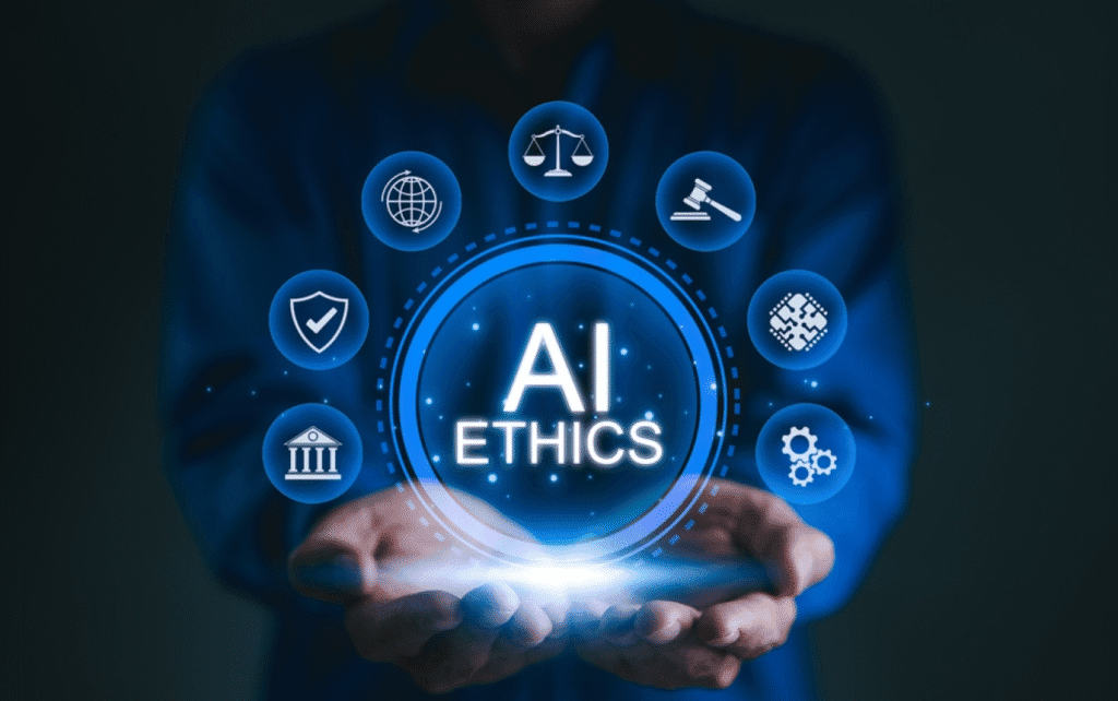  Ethical AI icons highlighting responsibility and fairness.