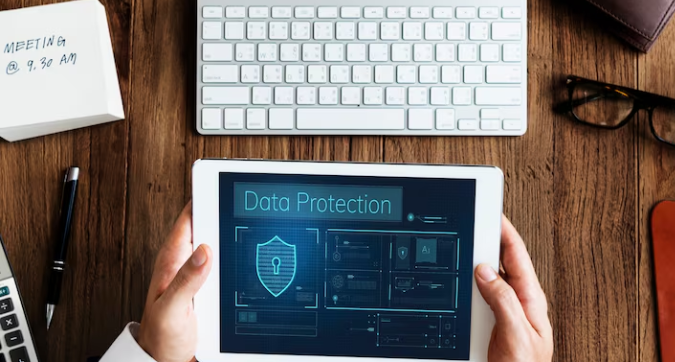 Tablet showing a data protection dashboard.