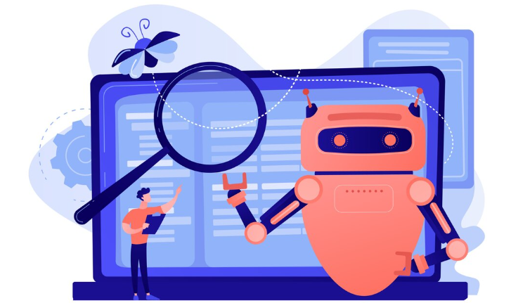 Robot with magnifying glass representing AI auditing.