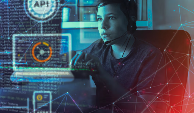Young coder working with AI and security codes.