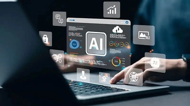 Person working with AI-powered tools on a laptop and Production-Ready AI.
