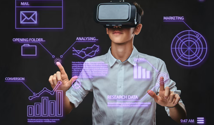 Person using VR headset for data research and analysis.