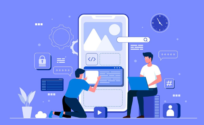 Illustration of developers creating mobile app interface with no-code tools.