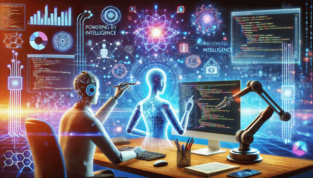 Futuristic robot programming holographic AI system with digital data projections.