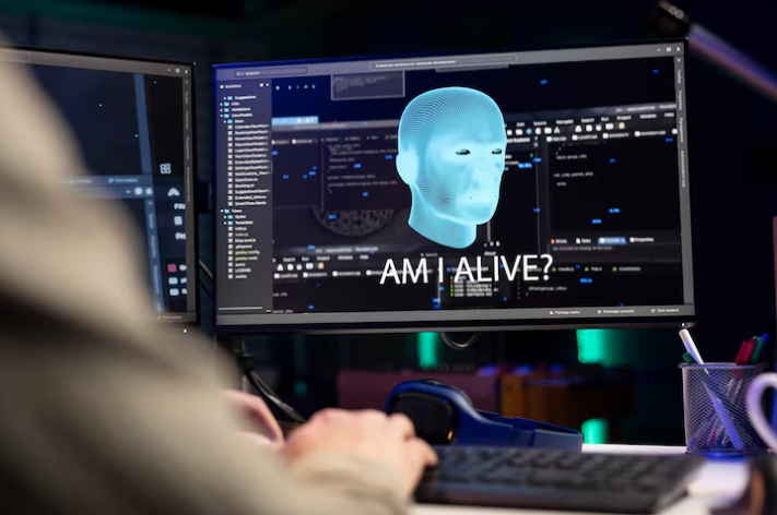 Person viewing holographic face on monitor displaying “Am I Alive?”.