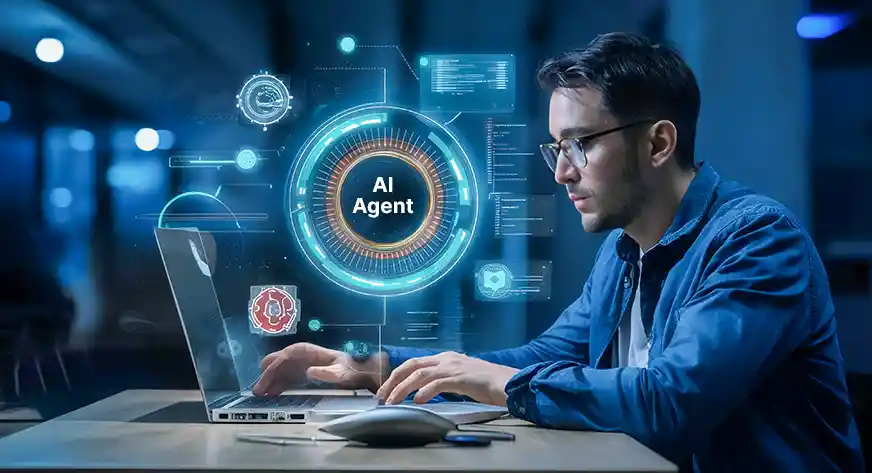 Focused professional working on laptop with AI agent interface overlay.